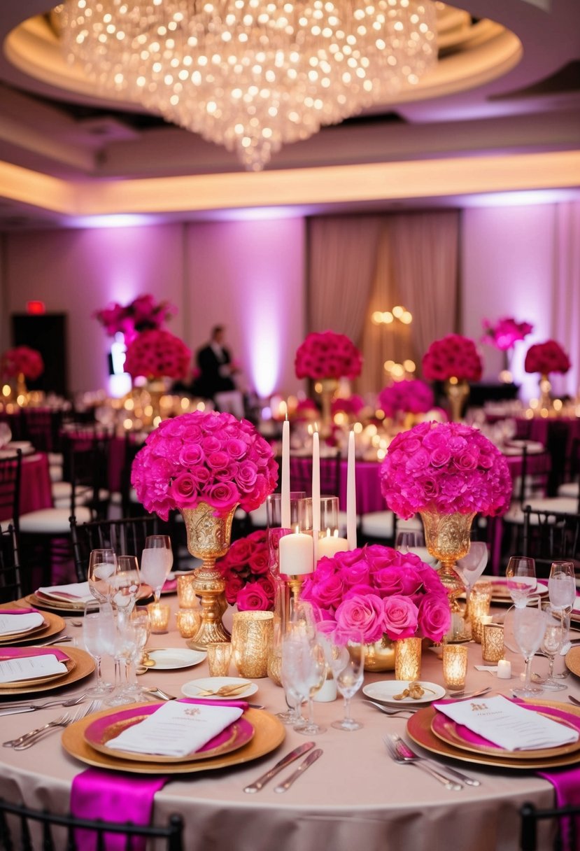 A lavish wedding reception with fuchsia and gold decor, featuring bold pink flowers, shimmering table settings, and elegant lighting