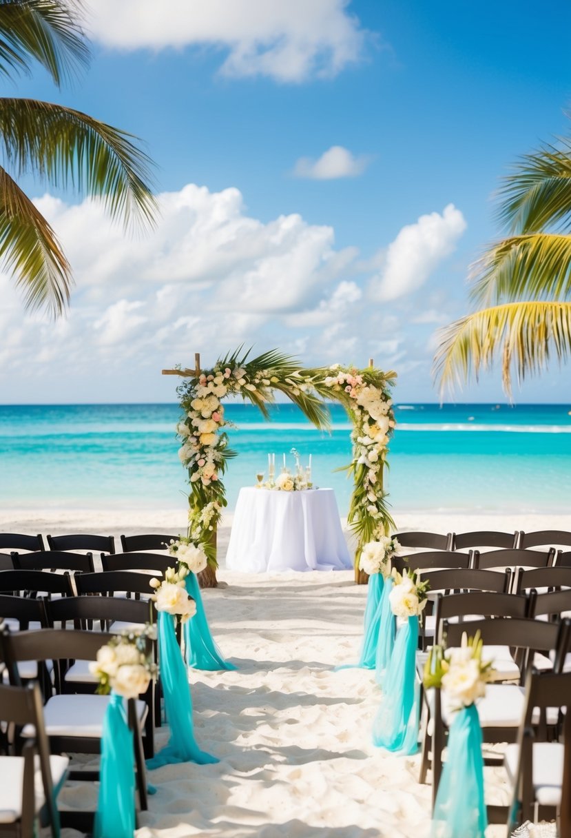 A tropical beach wedding with aqua-colored decorations, surrounded by palm trees and crystal-clear water