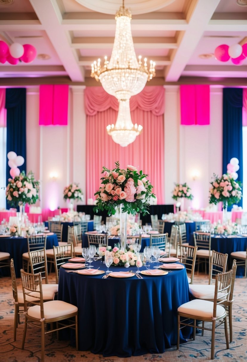 A grand ballroom adorned with blush and navy decor, featuring elegant floral arrangements and bold pink accents throughout