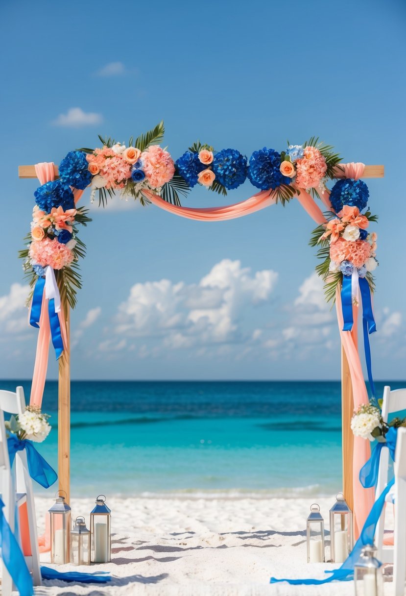 A seaside wedding with blue and coral flowers, ribbons, and decor. White sand, clear blue water, and a sunny sky complete the scene