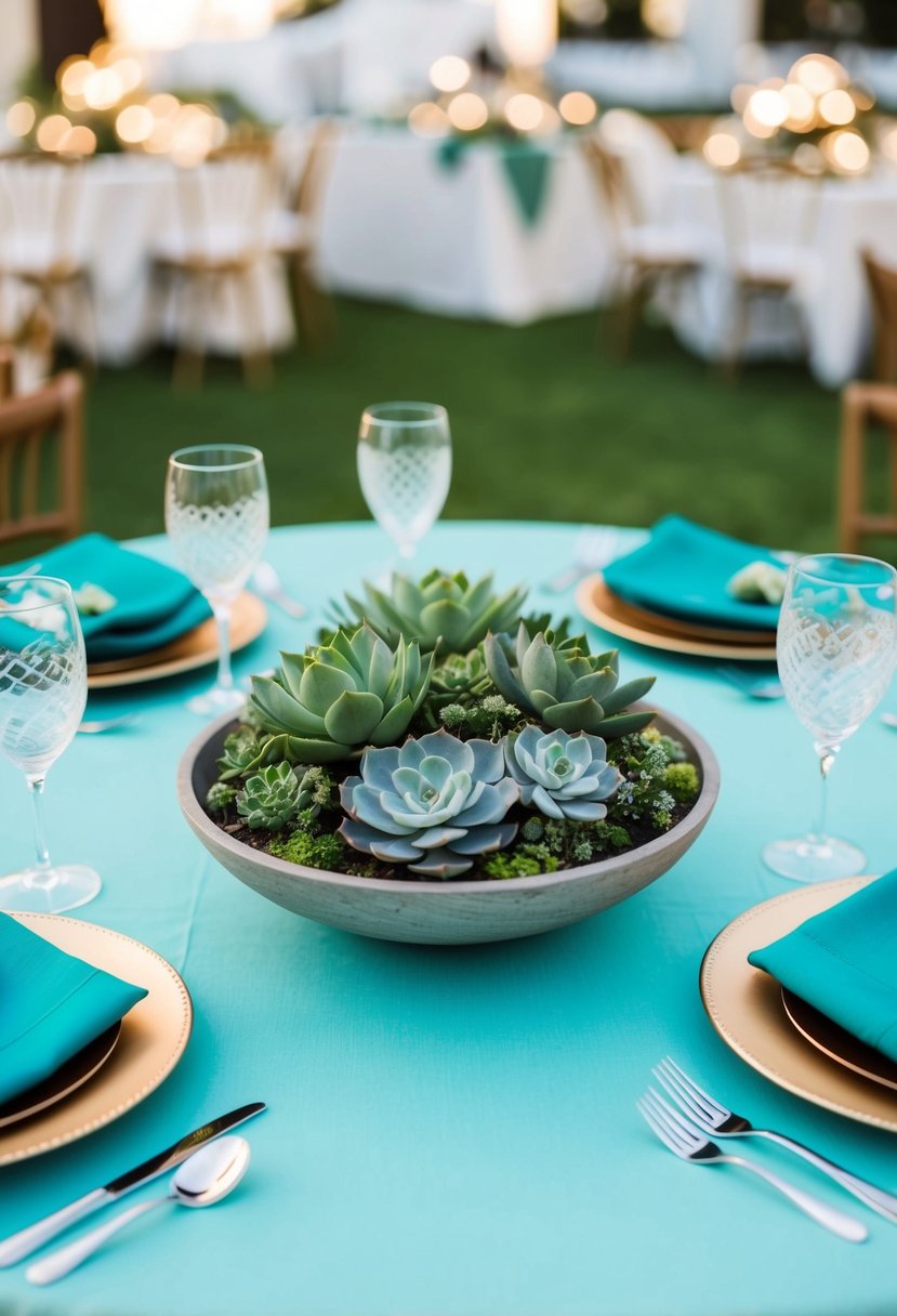 Aqua tablecloth with succulent centerpieces and matching napkins