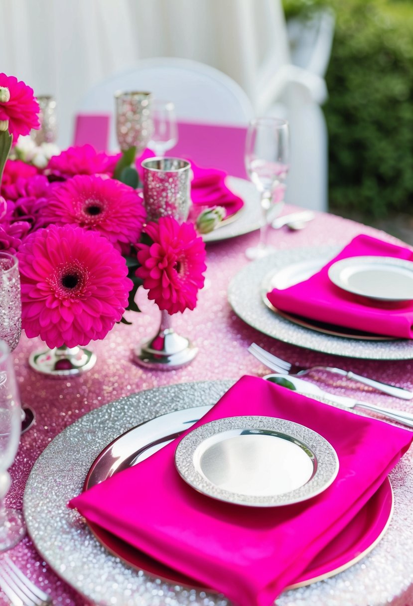 A hot pink and silver sparkle wedding table setting with vibrant pink flowers and shimmering metallic accents