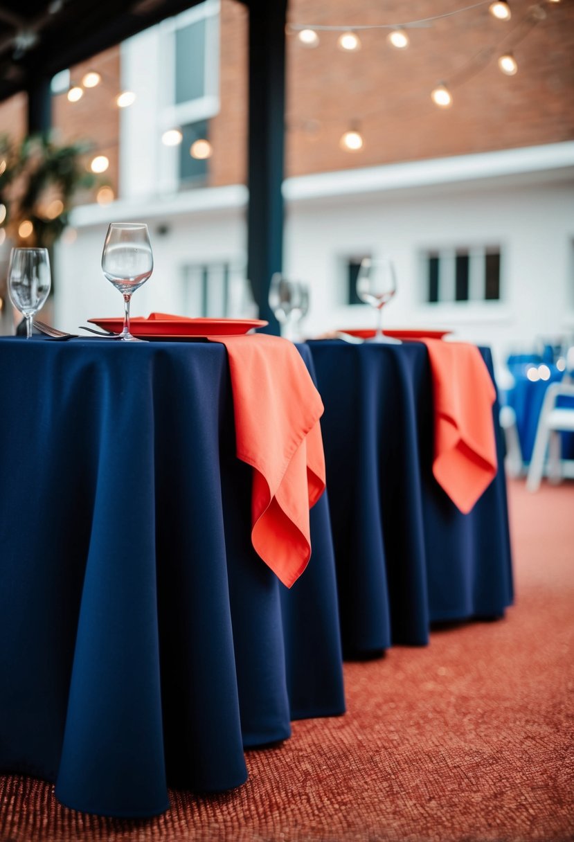 Two navy blue tablecloths with coral napkins draped over them