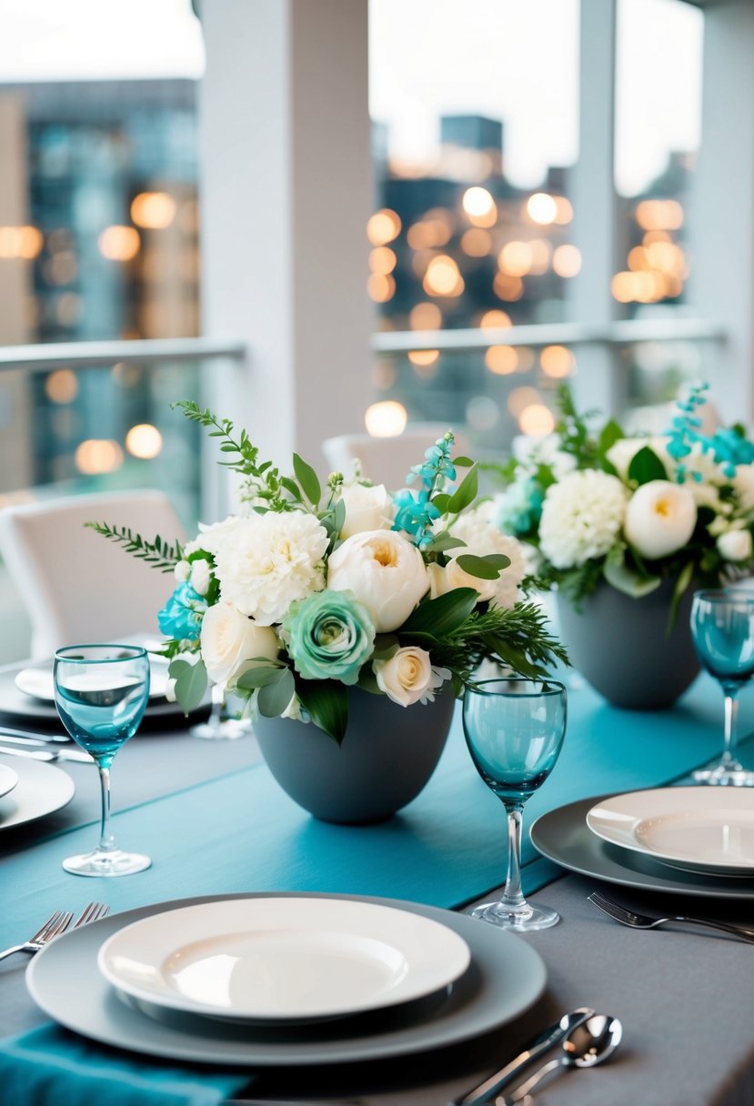 A modern aqua and grey wedding table setting with elegant floral centerpieces and sleek dinnerware