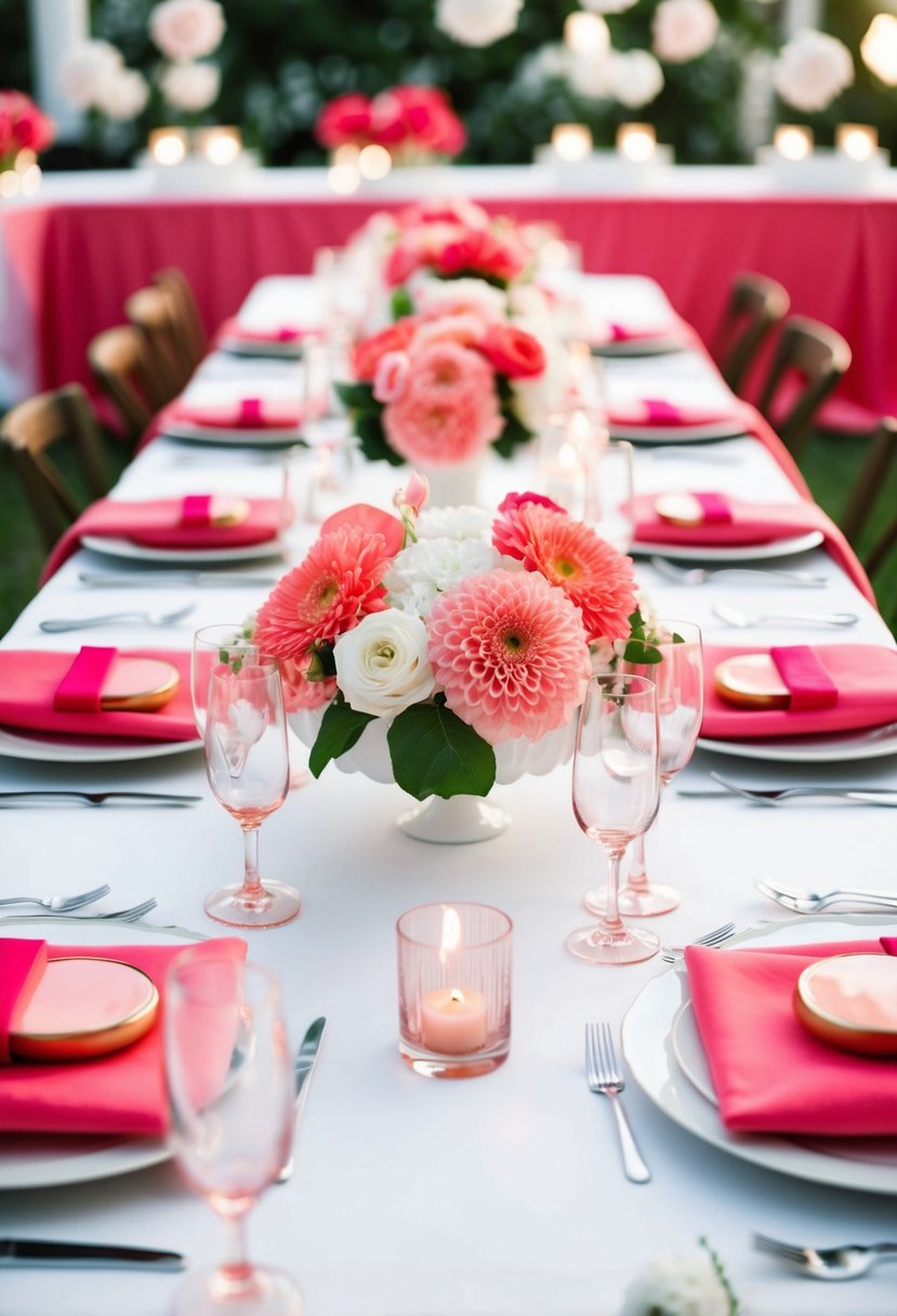 A chic white wedding table adorned with coral pink flowers and bold pink accents