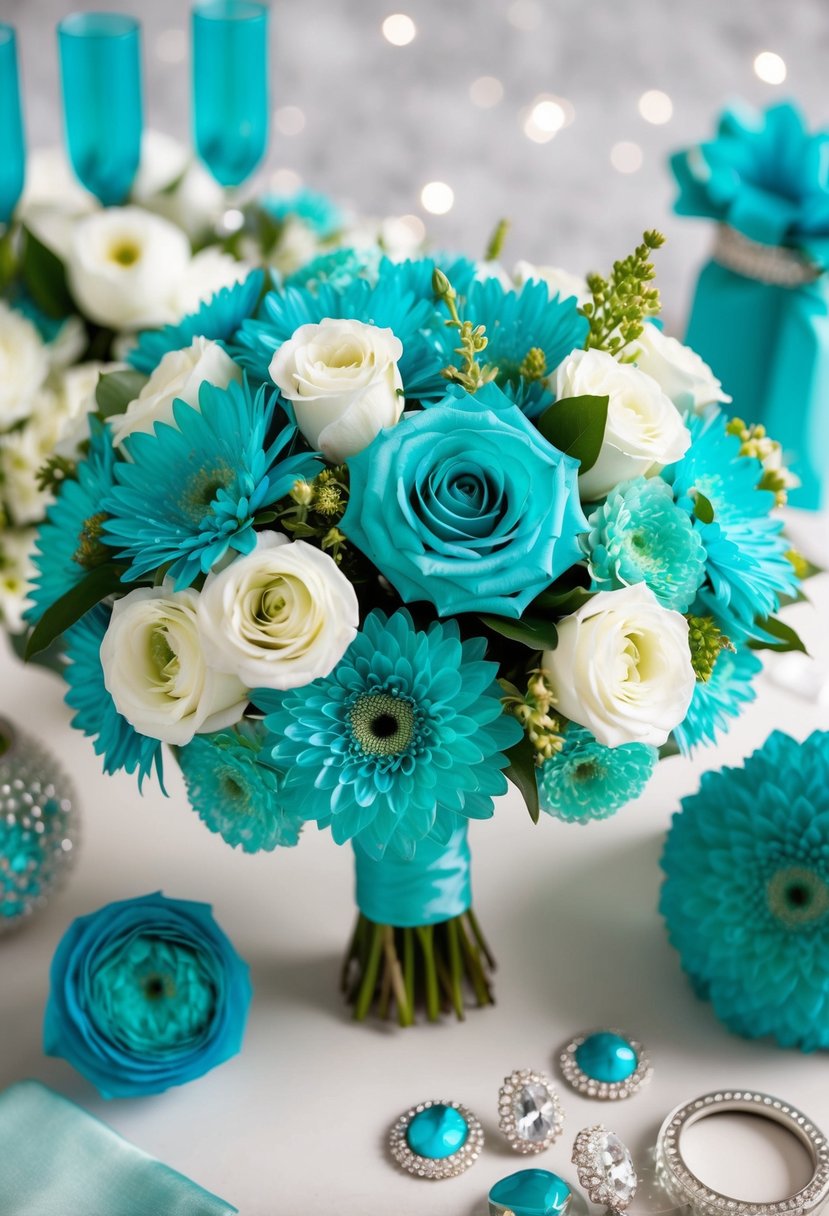 Aqua-colored flowers arranged in a wedding bouquet, surrounded by coordinating decor and accessories