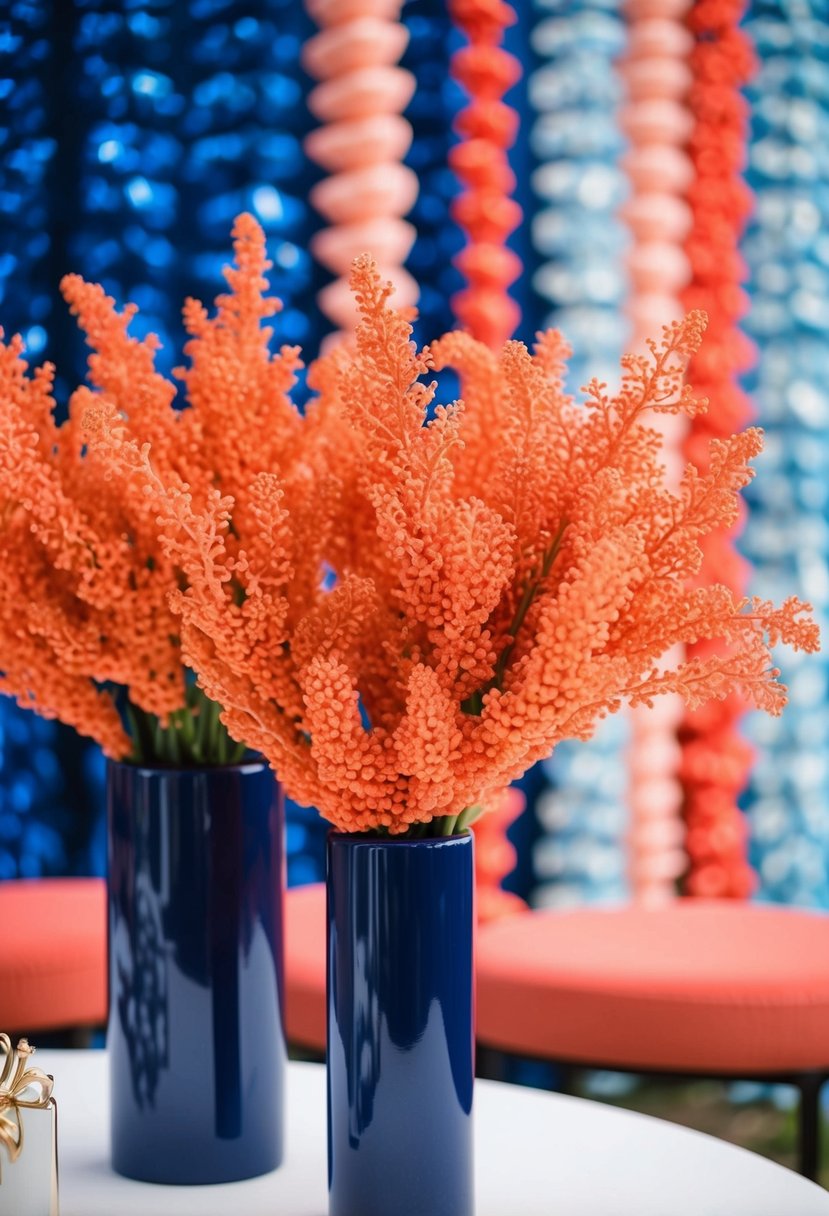 Coral flowers in navy blue vases against a backdrop of blue and coral wedding decor