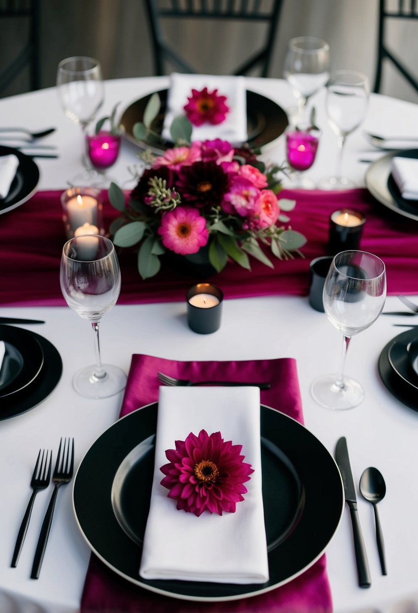 A sleek, modern wedding table setting with magenta and black accents, featuring elegant floral arrangements and chic tableware