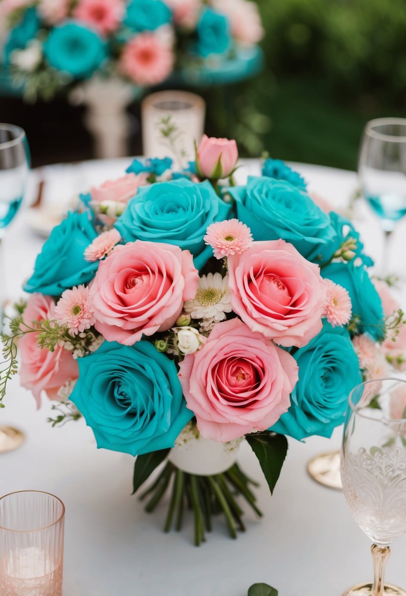 Aqua and pink flowers intertwined in a romantic wedding centerpiece