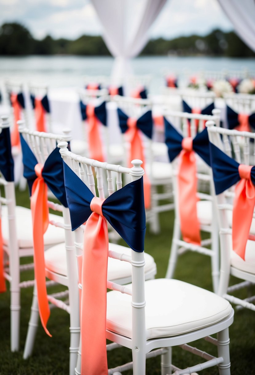 Navy and coral ribbons adorn chairs in a wedding setting