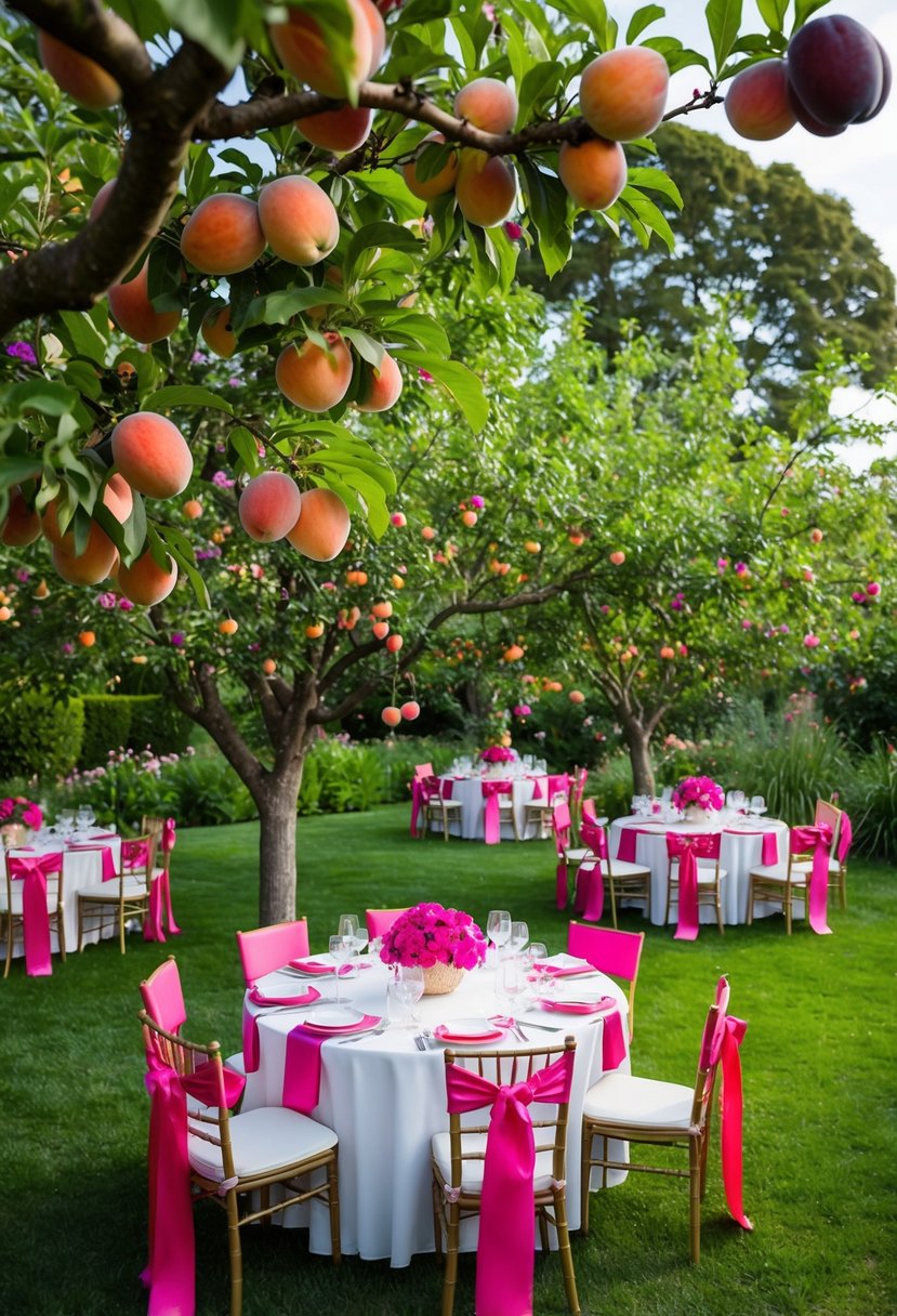 A lush garden with peach and plum trees, vibrant flowers, and bold pink accents in the form of ribbons, table settings, and decorations