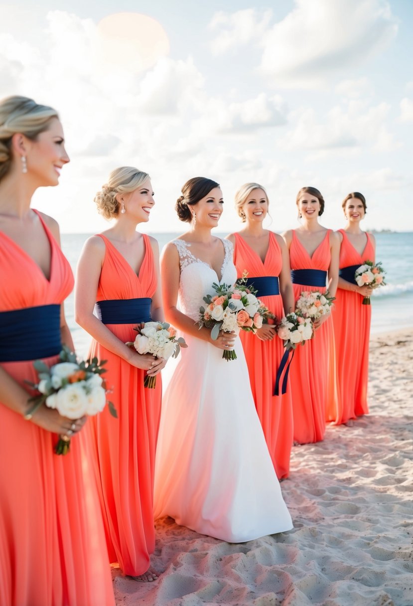 Coral bridesmaid dresses with navy accessories in a beach wedding setting