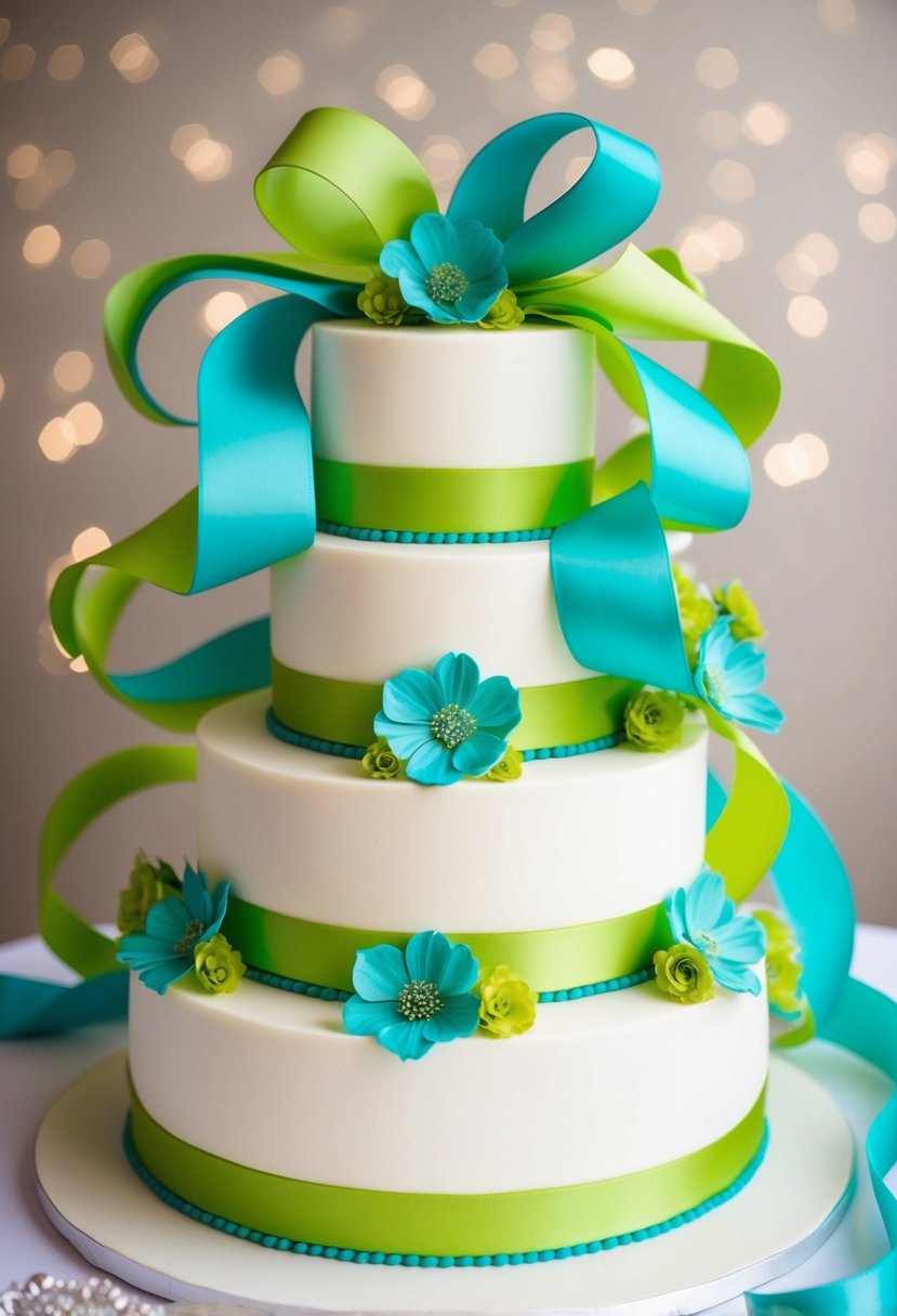 Aqua and lime green ribbons swirling around a tiered wedding cake adorned with aqua flowers