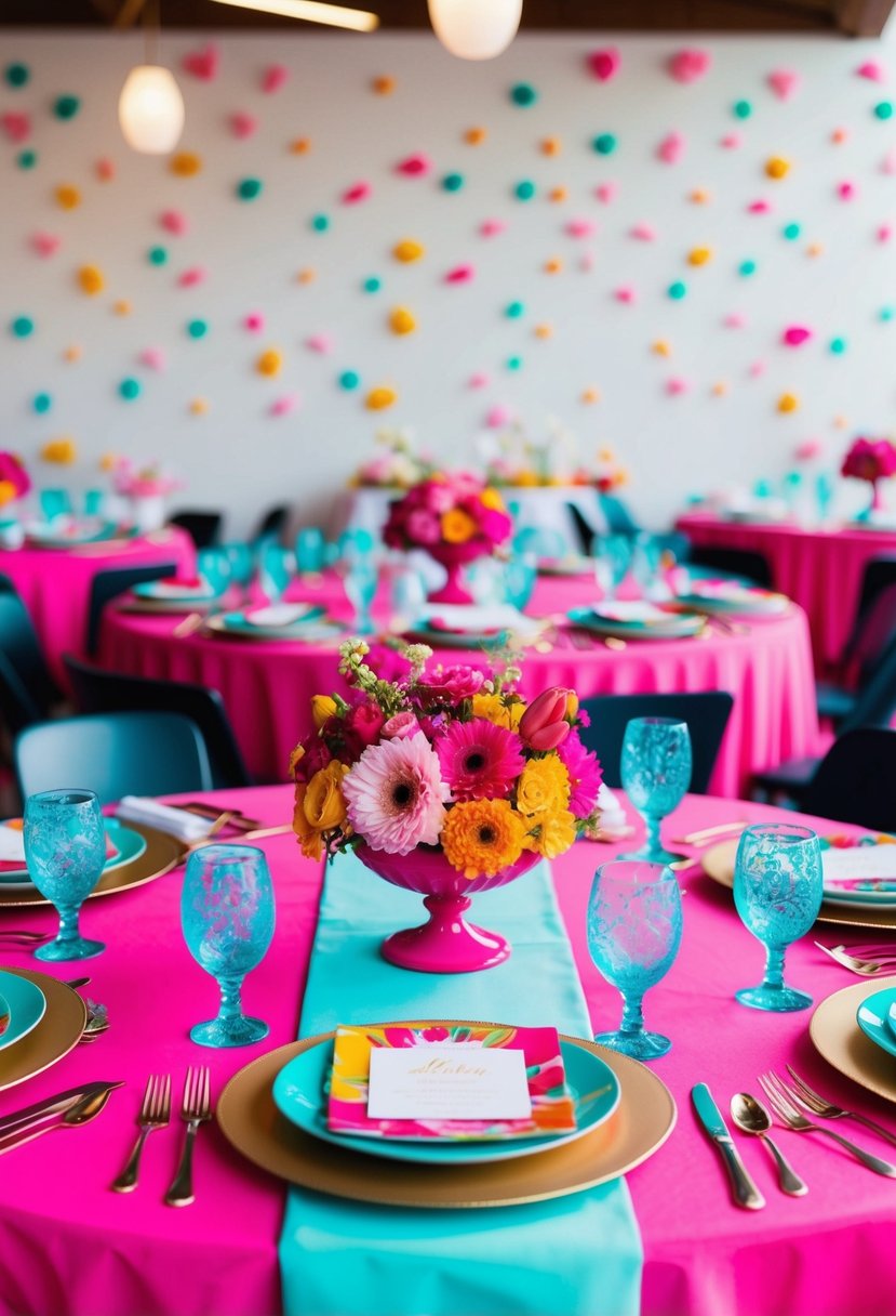 A vibrant pink and turquoise wedding table setting with bold floral centerpieces and colorful place settings