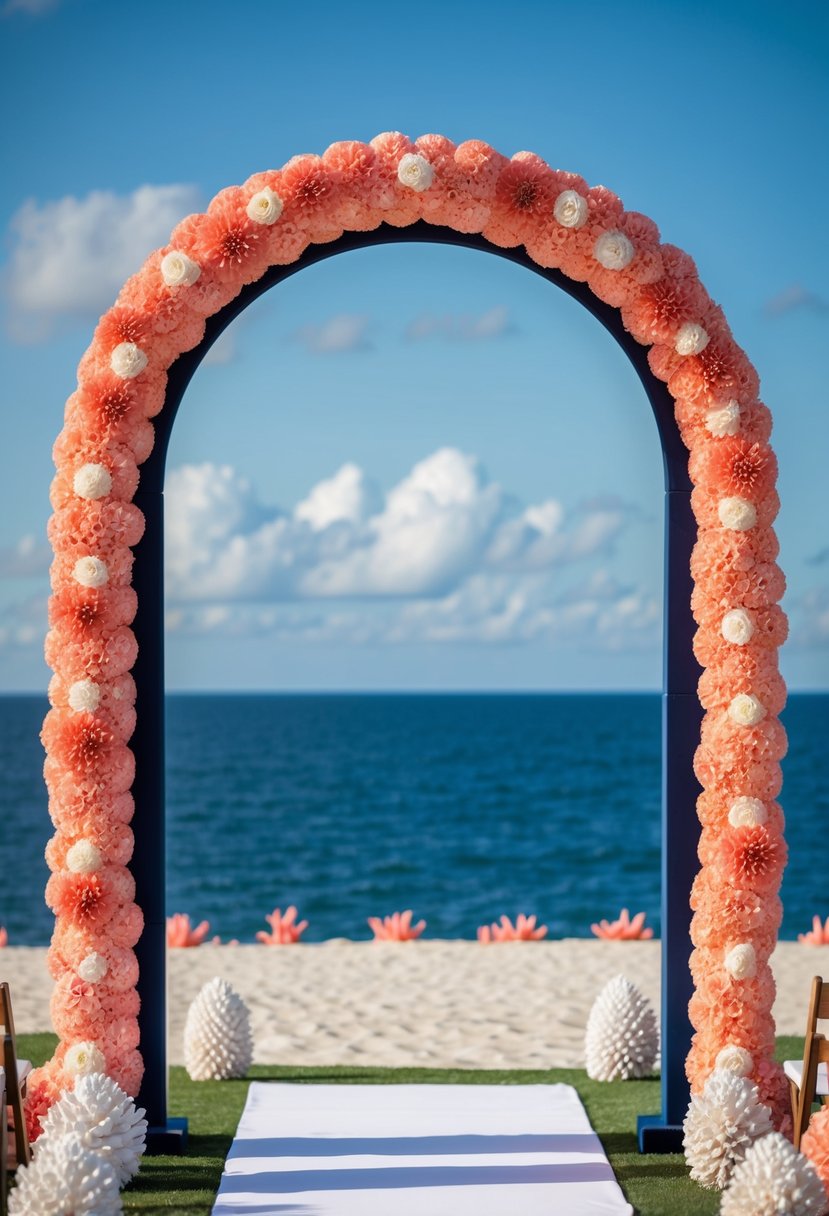 A navy and coral flower arch stands against a blue sky, surrounded by coral accents