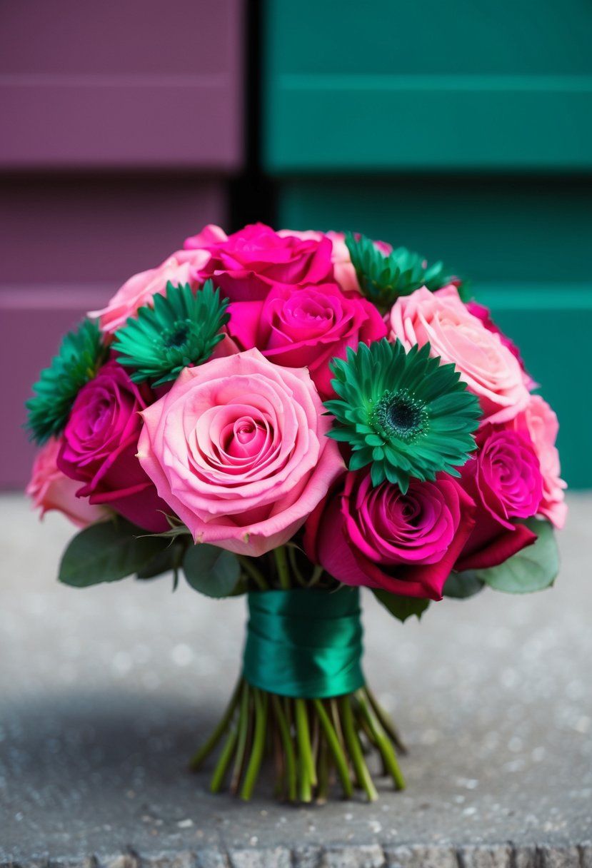 A vibrant rose pink and emerald green wedding bouquet with bold, contrasting colors