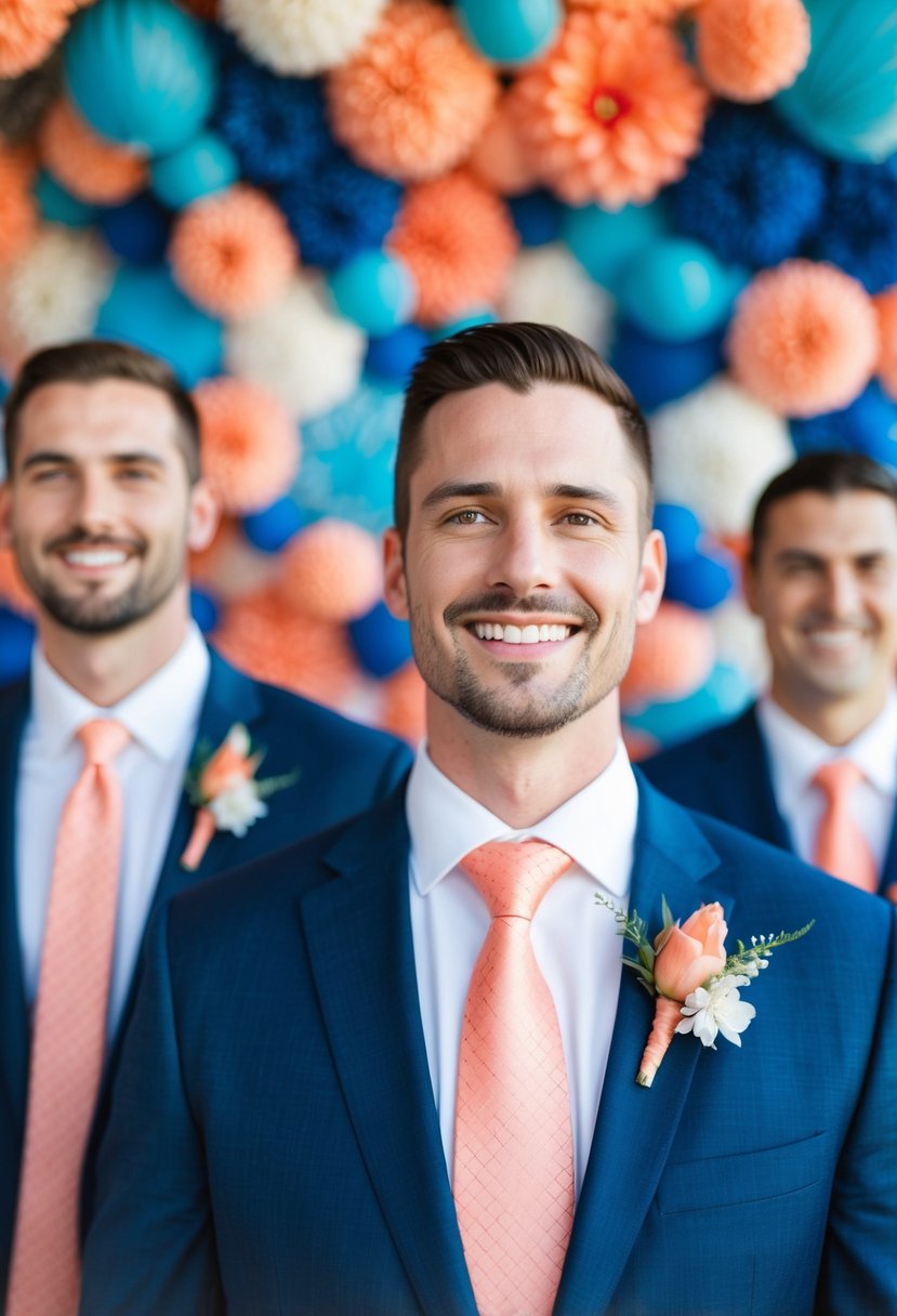 A groom and groomsmen wearing coral ties against a backdrop of blue and coral wedding decor