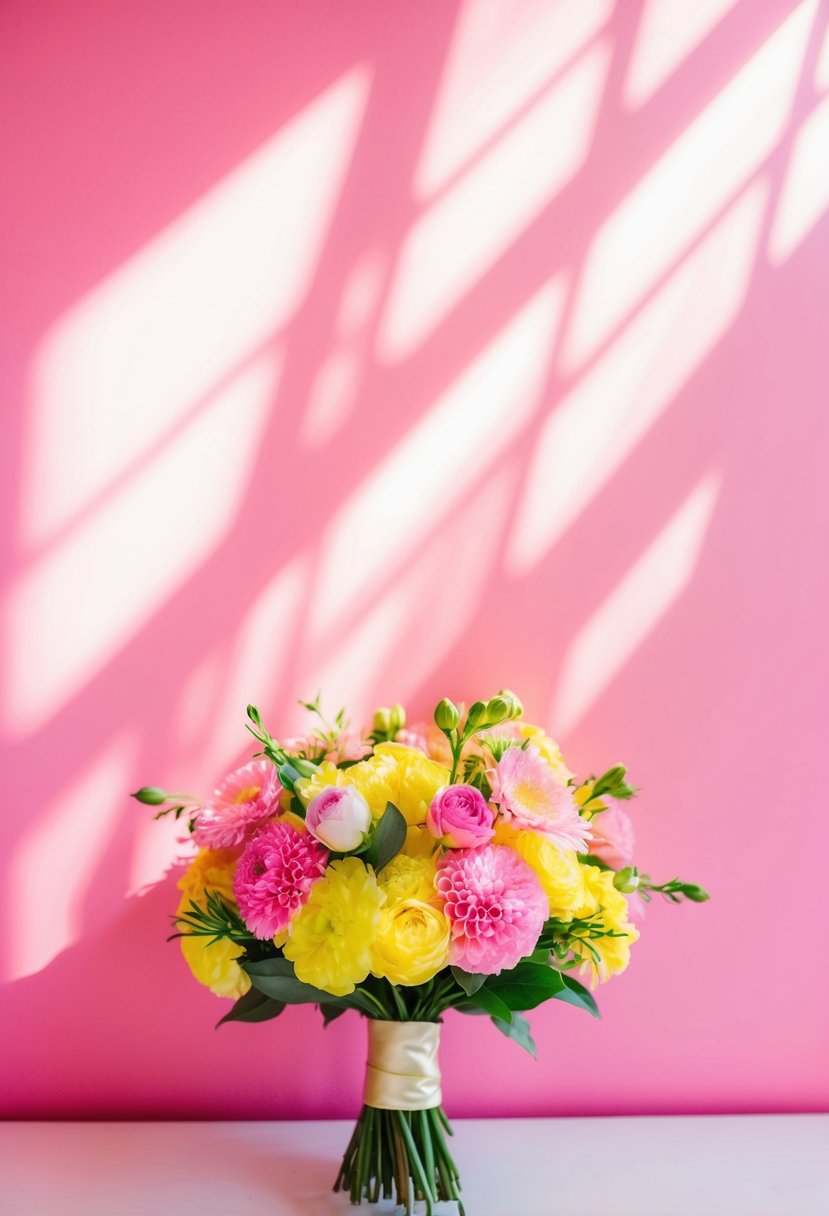 A bright pink and yellow wedding bouquet against a bubblegum pink backdrop, with rays of sunshine streaming in