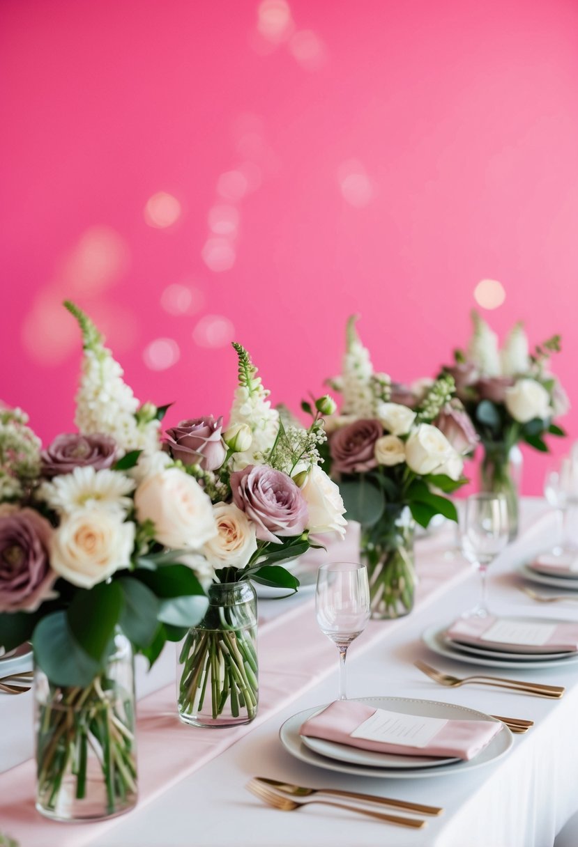 A wedding table adorned with mauve and ivory flowers, set against a bold pink backdrop