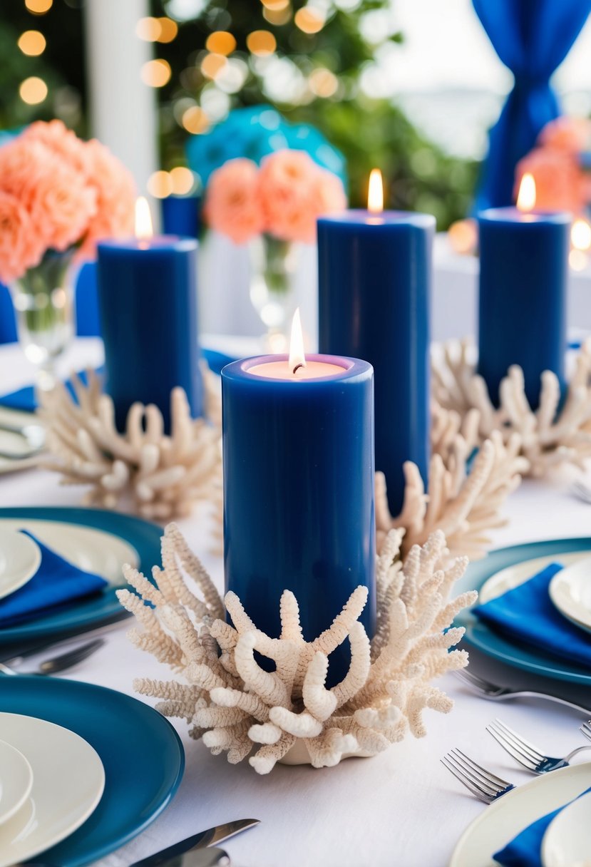 Navy blue candles placed in coral centerpieces on a table, with blue and coral wedding decor in the background