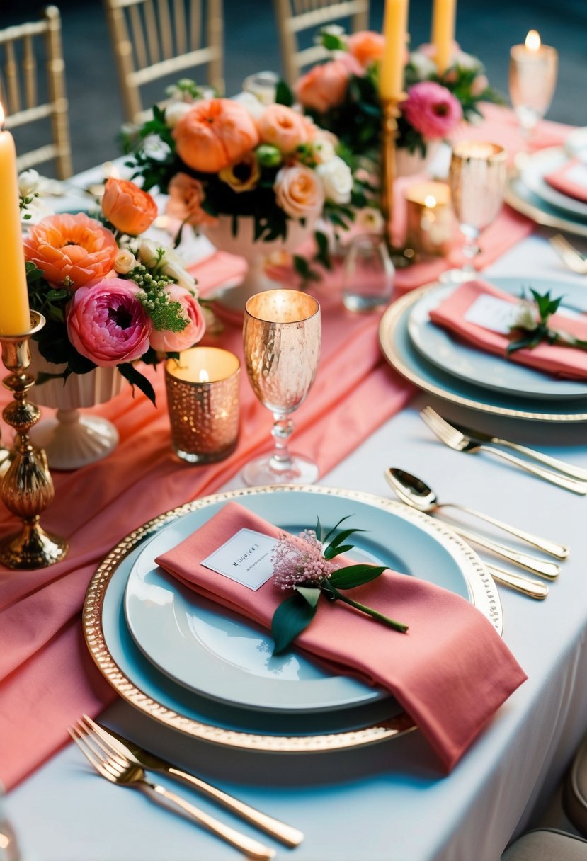 A vibrant wedding table setting with salmon pink and champagne shine accents, featuring flowers, candles, and elegant dinnerware