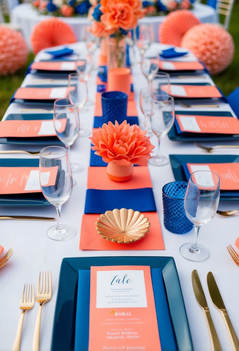 A table set with coral and navy stationery, surrounded by blue and coral wedding decor