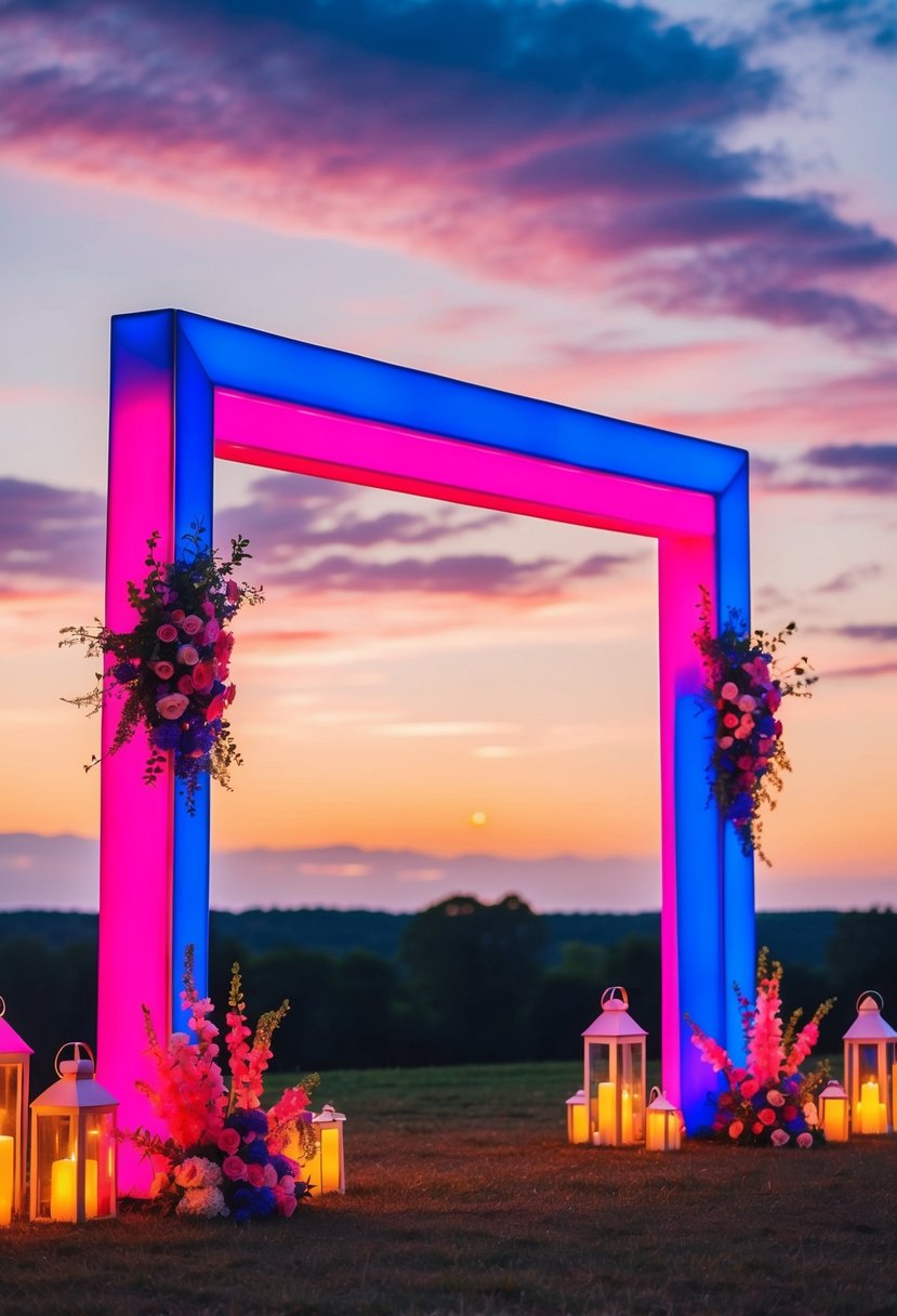 A neon pink and royal blue wedding arch stands against a sunset sky, surrounded by vibrant flowers and glowing lanterns