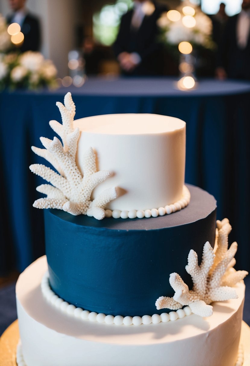 A navy blue wedding cake adorned with intricate coral detailing