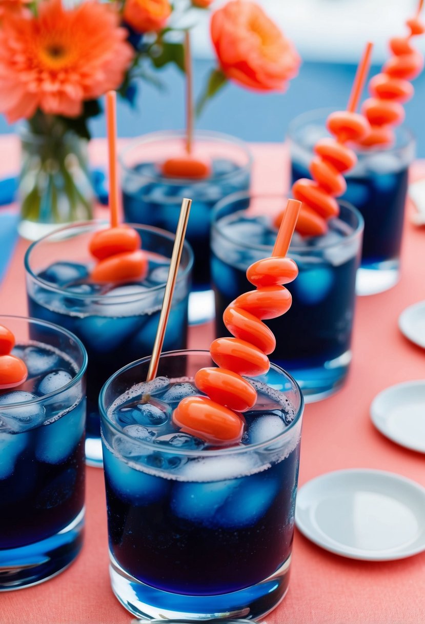 Coral drink stirrers swirled in navy blue cocktails at a blue and coral wedding