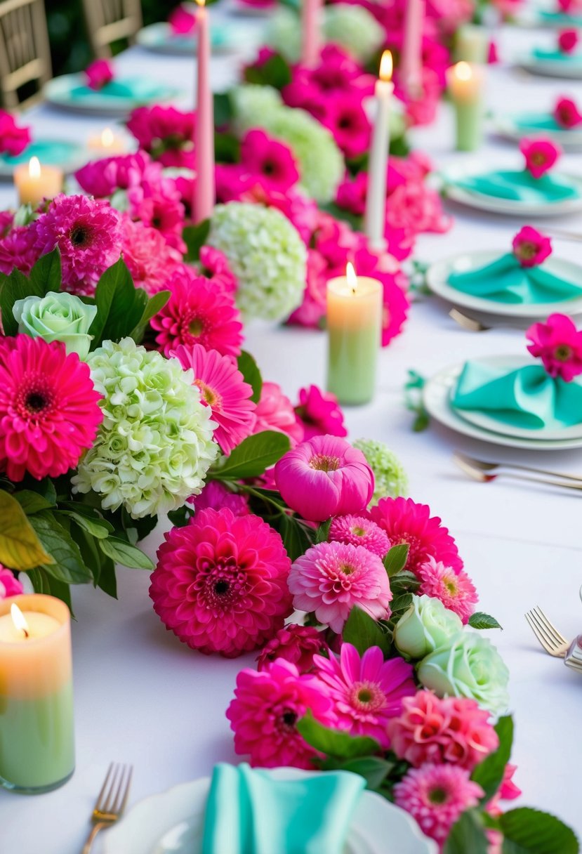 Vibrant pink and mint green florals cascading down a white wedding table, with matching napkins and candles creating a refreshing and bold color palette