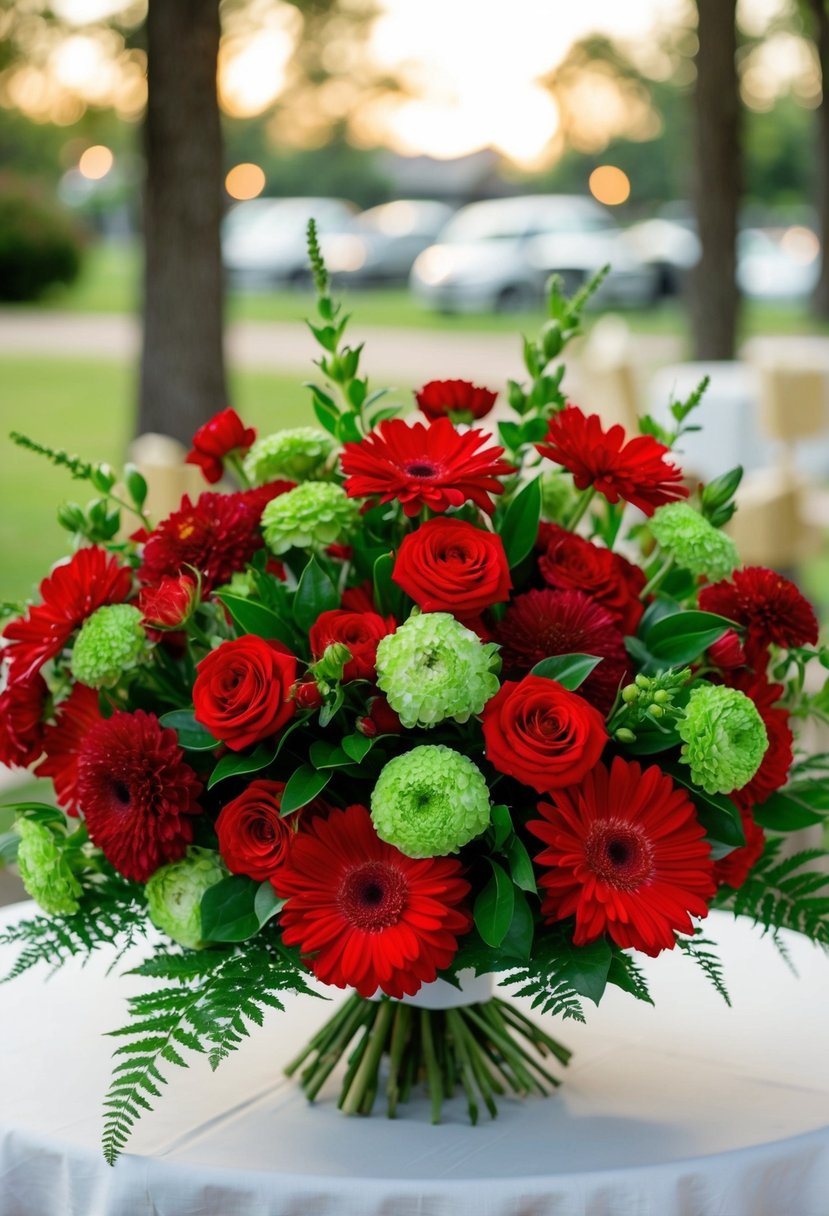 A vibrant bouquet of red and green flowers arranged on a white tablecloth