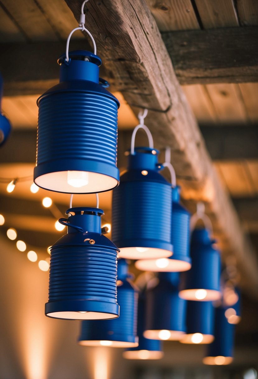 Navy blue lanterns hang from a rustic wooden beam, emitting a soft coral glow from their LED lights, creating a romantic and enchanting atmosphere