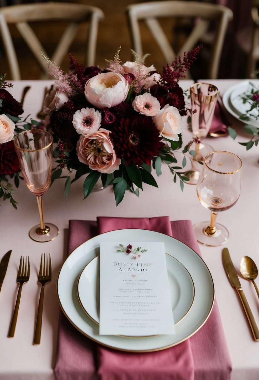 A romantic wedding table setting with dusty pink and burgundy floral arrangements, accented with bold pink linens and gold cutlery