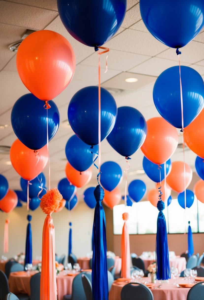 Navy balloons and coral tassels adorn a wedding venue, creating a vibrant blue and coral color scheme