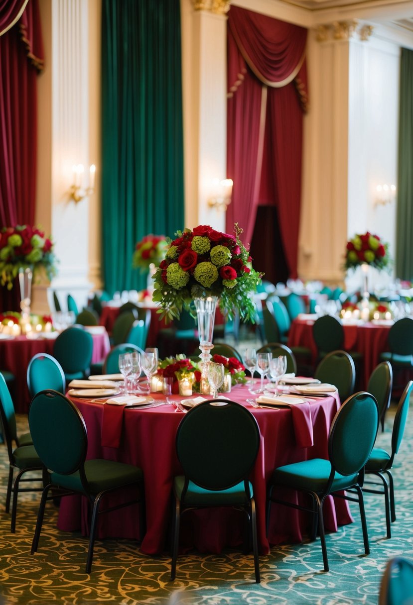 A grand banquet hall adorned with cranberry and hunter green decor, accented with elegant red and green floral arrangements