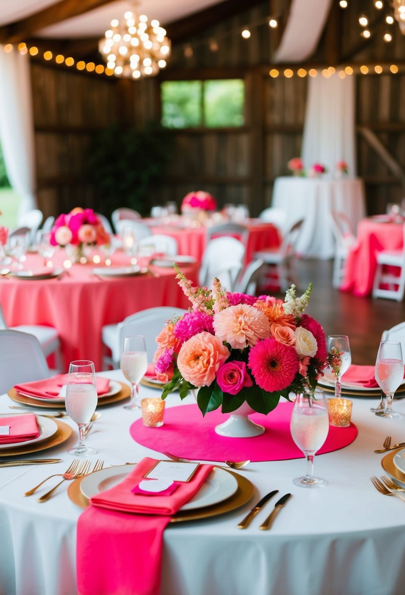 A lively wedding reception with vibrant pink and coral decor, including flowers, linens, and table settings