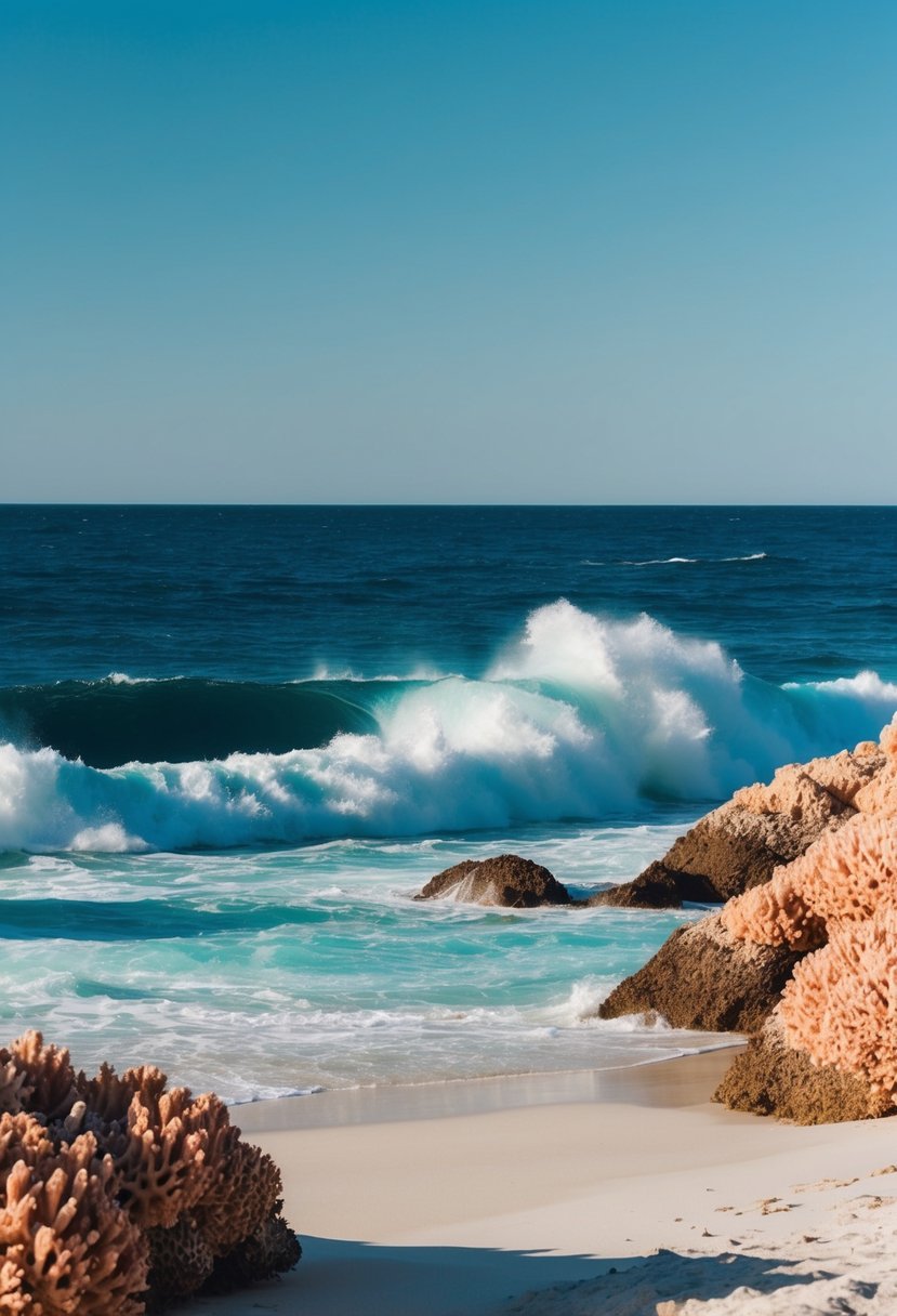 A serene beach setting with navy blue waves crashing against coral-colored rocks under a clear blue sky