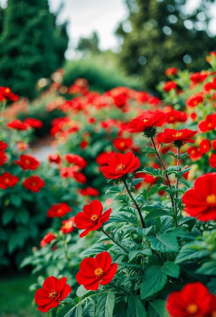 A lush garden with red flowers and green foliage, a vibrant fusion of red and olive green for a wedding theme