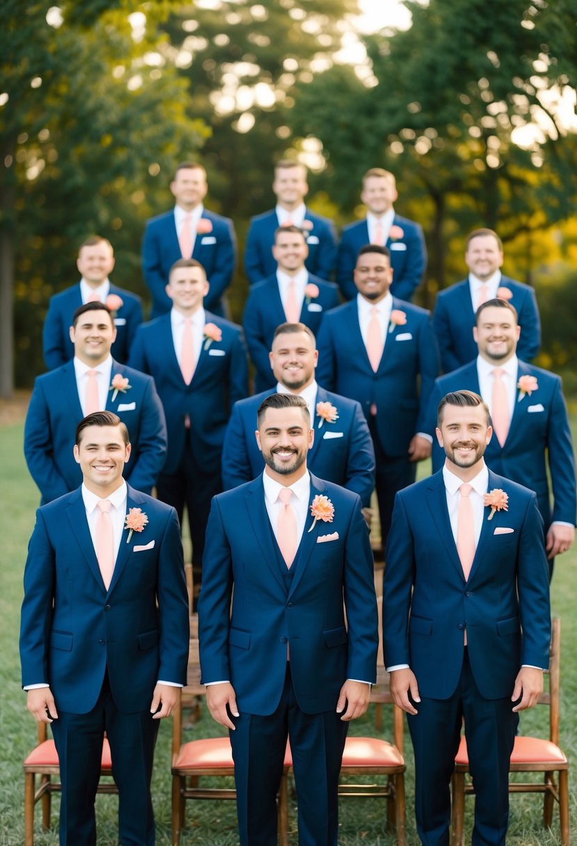 A group of navy blue suits with coral boutonnières arranged in a wedding setting