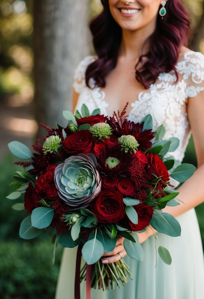 A burgundy and sage green wedding bouquet with red and green floral arrangements