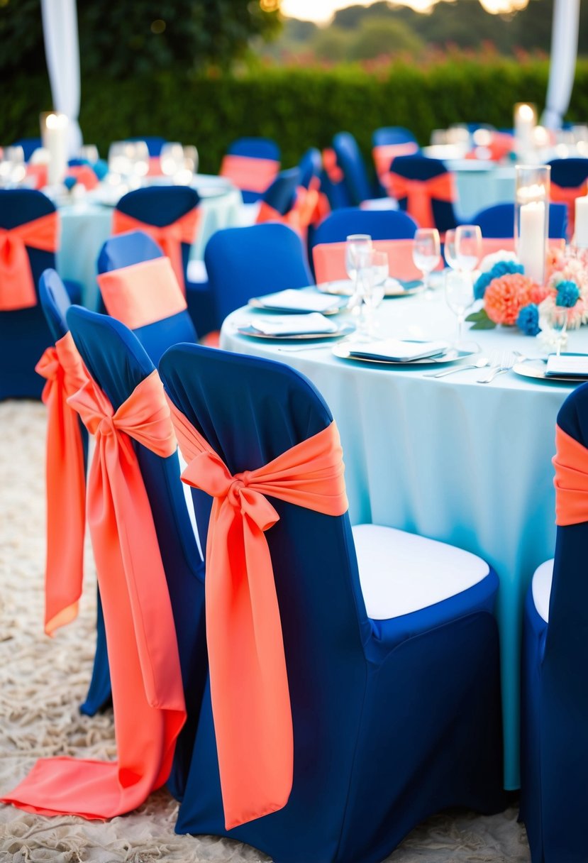 Coral chair sashes draped over navy chair covers at a blue and coral themed wedding