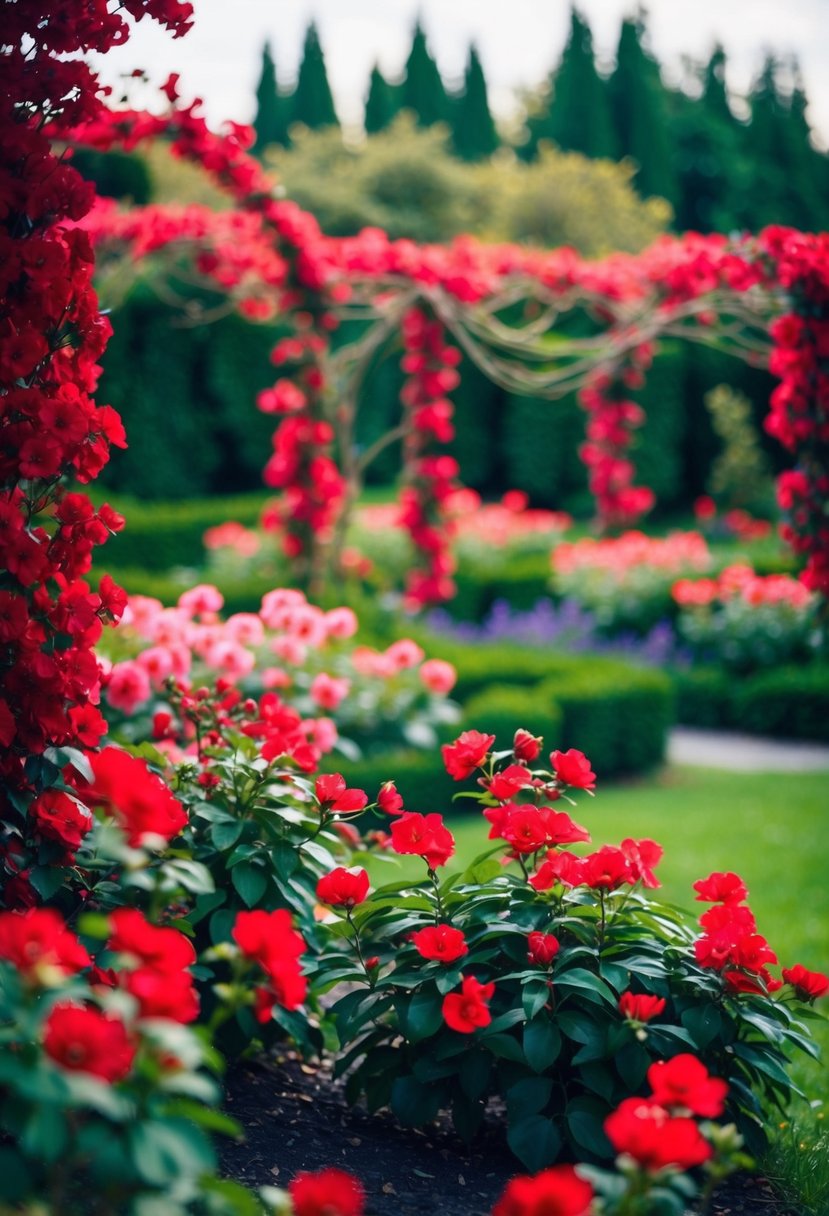 A cherry red and forest green enchanted garden with blooming flowers and winding vines