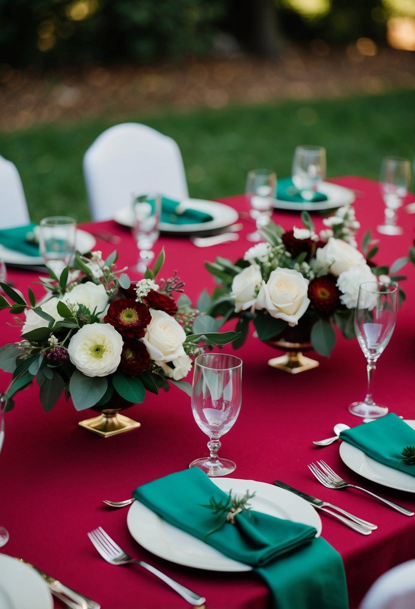 A wine red tablecloth with emerald green napkins and floral centerpieces