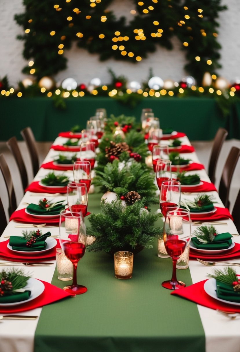 A festive wedding table with red and green decor, pine green tablecloth, red napkins, and greenery centerpieces