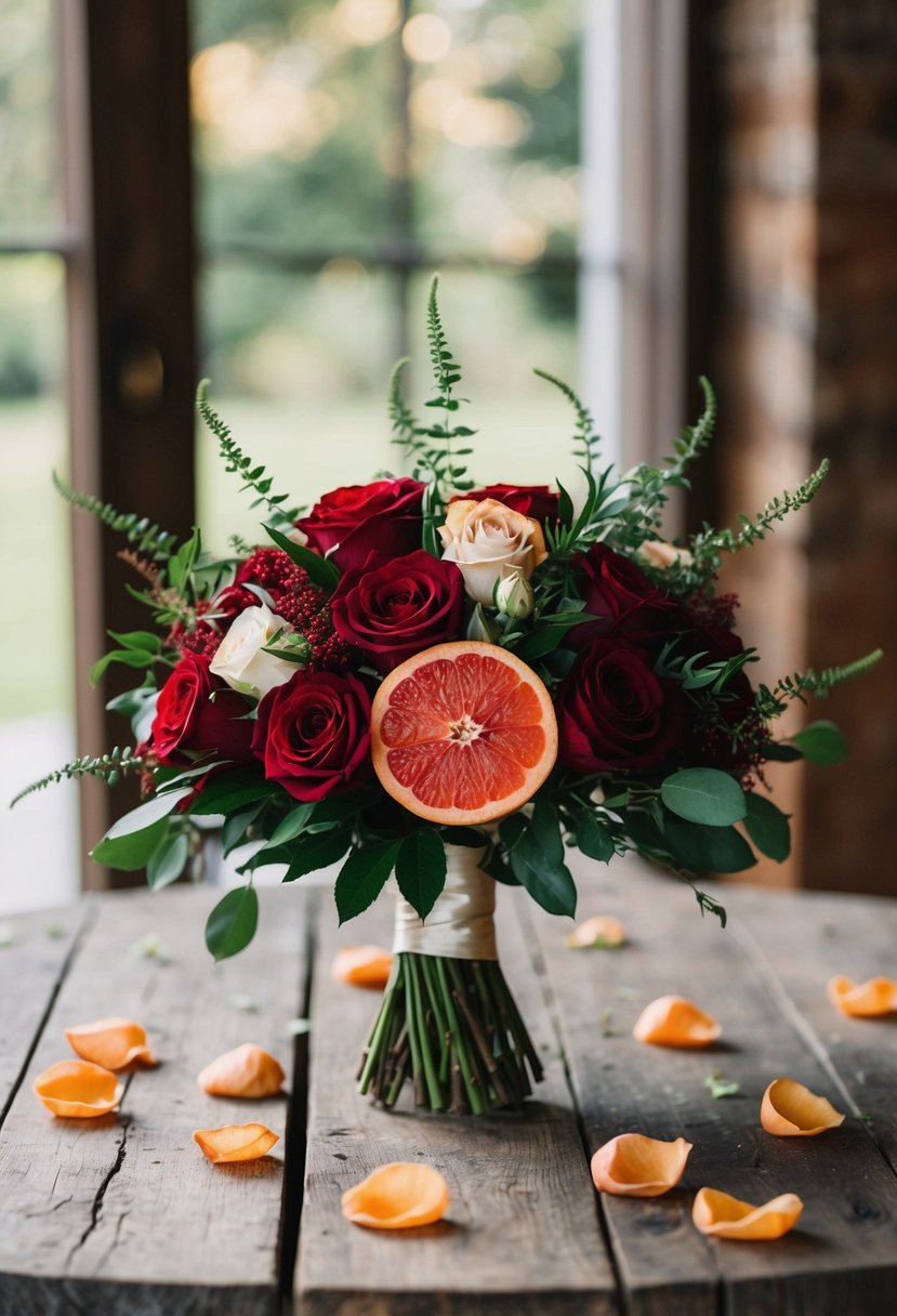 A deep red and grapefruit green wedding bouquet sits on a rustic wooden table, surrounded by scattered rose petals and greenery