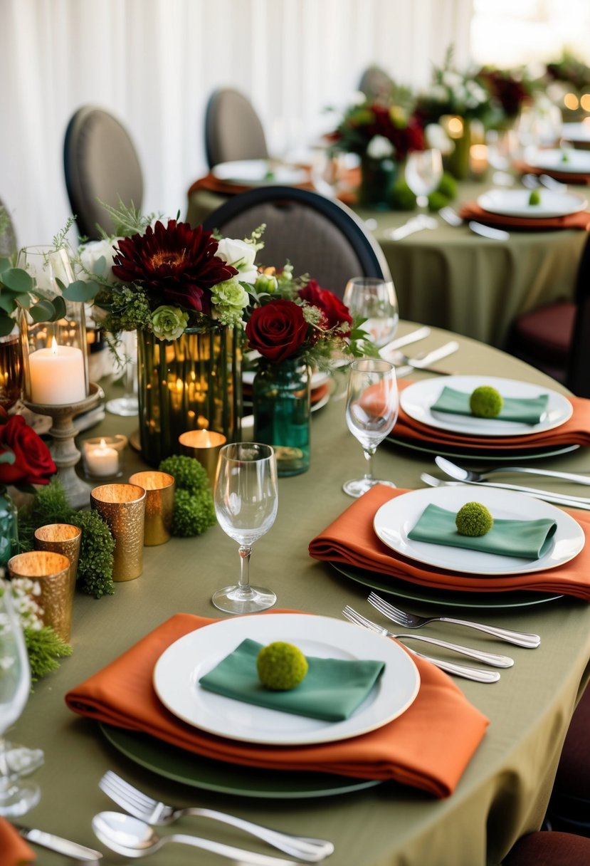 A wedding table adorned with cinnamon red and moss green linens, floral centerpieces, and decorative accents in coordinating colors