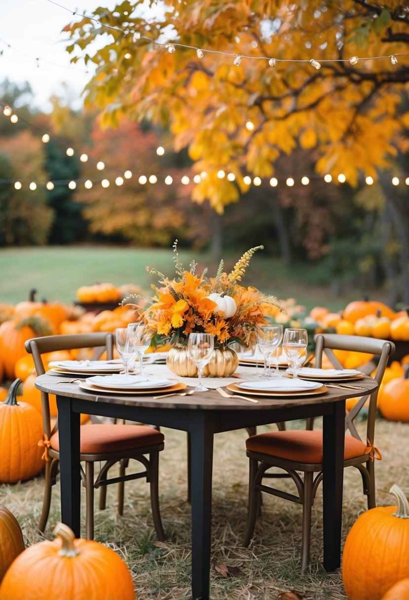 A rustic outdoor wedding with orange and gold accents, set against a backdrop of colorful fall foliage and pumpkins