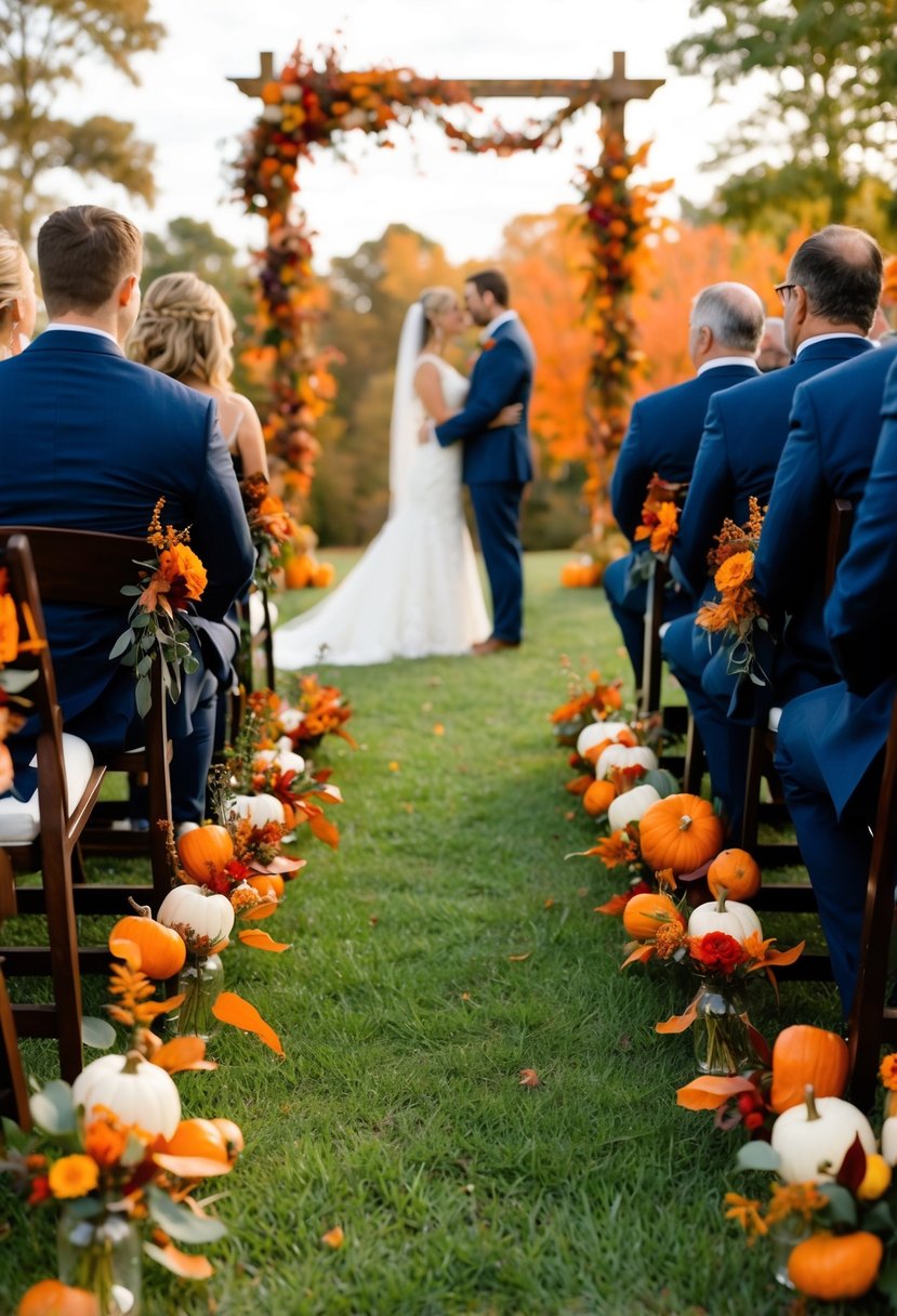 A burnt orange and navy blue outdoor wedding ceremony with fall foliage and floral decorations