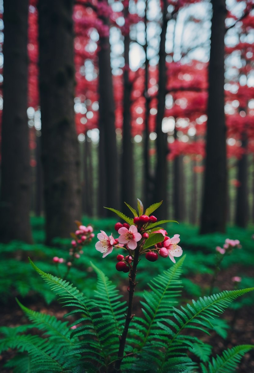 A dimly lit forest clearing with deep red cherry blossoms and lush green ferns creating a romantic atmosphere