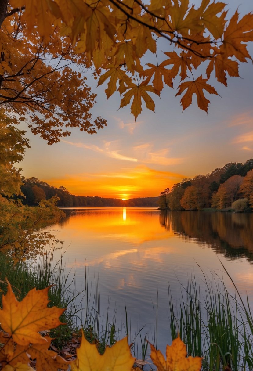 A tangerine and gold sunset over a tranquil lake, surrounded by vibrant orange and yellow autumn leaves